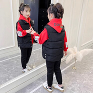諾佳微淇女童套裝2024秋冬新款兒童加絨加厚衛(wèi)衣褲子中大童衣服女孩三件套 紅色 110碼建議身高100CM左右