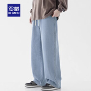 羅蒙（ROMON）牛仔褲男淺藍色秋冬季青少年直筒百搭寬松加絨闊腿褲拖地褲男裝 BK110磨白藍 M (105-125斤)