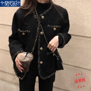 莫代爾小香風(fēng)短外套女2025春秋新款韓版氣質(zhì)粗花呢寬松顯瘦百搭?yuàn)A克上衣 黑色 L