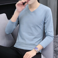 以純（YISHion）V領(lǐng)長(cháng)袖t恤男秋冬季內搭薄款上衣服雞心領(lǐng)純色純棉打底衫百搭體恤 湖藍色 QY8002 L