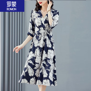 羅蒙（ROMON）連衣裙2025新款女時尚顯瘦V領大碼優(yōu)雅印花氣質中長裙收腰簡約裙 藏青色（尺碼偏大，建議拍小一碼） L