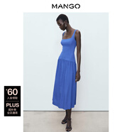 MANGO女裝連衣裙2025夏裝新款棉質(zhì)法式方領純色氣質(zhì)A字長裙 藍色 XL