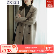 ZXEGI高端早秋女裝外套2025年新款100%羊毛雙面毛呢大衣女中長(zhǎng)款小個(gè)子 混咖色（人字紋） M
