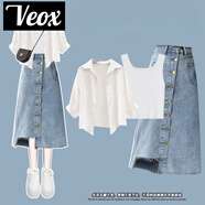 VEOX女裝夏秋季套裝女2025新款襯衫女顯瘦背心牛仔半身裙三件套 白襯衫+白色背心+牛仔半身裙 三 M 建議80-100斤