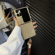 【原裝品質(zhì)】適用OPPOFindN2Flip手機殼折疊漸變水波紋電鍍殼n2f防摔手機保護殼套 卡式白圈棕手繩+【金色】水波紋電鍍殼 【OPPOFindN2Flip】