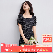 尚都比拉法式連衣裙女夏季方領(lǐng)堆堆袖復(fù)古波點(diǎn)抽褶開叉A字裙