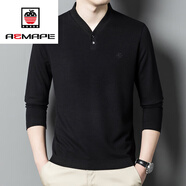 AEMAPEV領(lǐng)桑蠶.絲長(cháng)袖T恤男中式潮流休閑桃心領(lǐng)男裝春秋通勤體恤打底衫 黑色 165/M 建議（95-115斤）