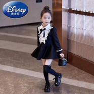 迪士尼（Disney）女童連衣裙春秋季新款韓版洋氣兒童女孩學(xué)院風(fēng)赫本風(fēng)公主裙子 黑色連衣裙 專(zhuān)柜款 (蝴蝶結) 130
