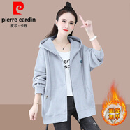 皮爾卡丹（pierre cardin）2025連帽衛衣女士短外套春秋新款寬松中長(cháng)款大l碼上衣開(kāi)衫爆 淺灰色(款) 加絨 12XL 4XL(建議160斤-180斤)