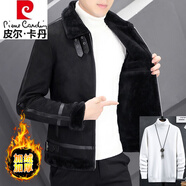 皮爾卡丹（pierre cardin）冬季鹿皮絨外套男短款風(fēng)衣皮毛一體羊羔毛麂皮夾克機車(chē)服 黑色(白毛衣) M