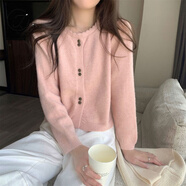 Jret小個子春秋新款溫柔長袖2025上衣短款針織衫毛衣圓領(lǐng)針織開衫女 粉色 L