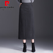 皮爾卡丹（pierre cardin）格紋包臀直筒半身裙女2025秋冬新款毛呢韓版高腰一步裙休閑中長(zhǎng)裙 黑灰格 5XL
