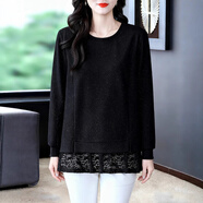 木棉林（mumianlin）2025秋冬新款圓領(lǐng)長(cháng)衫百搭T恤蕾絲拼接時(shí)尚寬松中年媽胖媽輕奢女 黑色 L 100-120斤