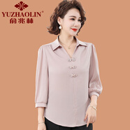 俞兆林（YUZHAOLIN）中年媽媽夏裝洋氣中式七分袖襯衫中老年女裝新款翻領(lǐng)T恤雪紡小衫 灰粉色 XL (參考90-105斤)