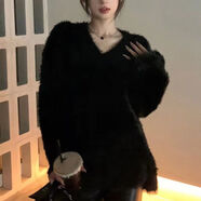 月詩(shī)曼感慵懶黑色軟糯v領(lǐng)馬海毛毛衣女冬冬加厚寬松套頭純欲針織衫 黑色 M (90-105斤)
