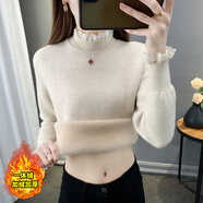 香影純一體絨半高領(lǐng)毛衣女秋冬季加絨加厚打底衫蕾絲內搭針織衫保暖上衣 杏色 S (建議95斤以?xún)?