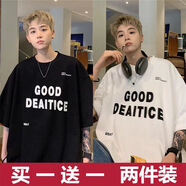 布恩普【兩件裝】夏季短袖t恤男韓版ins潮流寬松青少年五分半袖體恤男 GOOD黑色+GOOD白色 XL【建議體重110-140斤左右】
