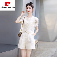 皮爾卡丹（pierre cardin）小香風(fēng)短褲套裝女2025夏新款小個(gè)子洋氣時(shí)尚網(wǎng)紅蕾絲兩職業(yè)裝 米白色【套裝】 M【建議90-105斤】