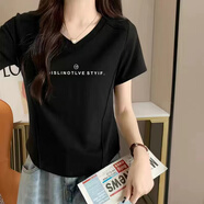 翎悅短袖t恤女V領(lǐng)夏季新款顯瘦修身不規則下擺半袖體恤休閑短款上衣潮 黑色一行小字母 M 建議100斤以下
