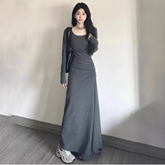 沐霓法式長袖灰色連衣裙女裝收腰顯瘦垂感長裙高級感過膝裙子秋冬內(nèi)搭 灰色連衣裙【深灰色】M 80-95斤