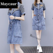 Maycaur流行優(yōu)雅女裝的小店夏季牛仔拼接連衣裙短袖收腰休閑 239款-0YE 2XL 【建議126-135斤】