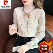 皮爾卡丹（pierre cardin）23年新款春款蕾絲打底衫女裝春秋裝年新款潮歐貨上衣時(shí)尚洋氣小衫 淺杏色（加絨款） 5XL 建議155-165斤