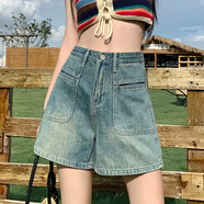 妙奕嘉牛仔短褲女夏季新款外穿闊腿a字超短褲女休閑高腰顯瘦顯腿長(cháng)熱褲 拼接大口袋牛仔短褲【復古藍】 L
