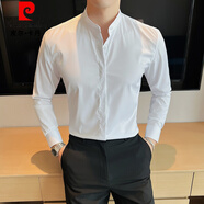 皮爾卡丹（pierre cardin）感立領(lǐng)白襯衫男士長(cháng)袖修身無(wú)領(lǐng)休閑中山西裝商務(wù)正裝襯衣男 白色 M