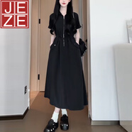 JEZE連衣裙女夏季新款微胖mm大碼韓系抽繩收腰顯瘦polo領(lǐng)百搭裙子女 黑色【版】 3XL 155-180斤