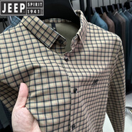 JEEP高檔歐美甄選丨春秋季長(cháng)袖襯衫商務(wù)格子襯衣免燙磨毛男男士新品 卡其 M
