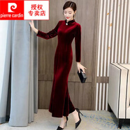 皮爾卡丹（pierre cardin）金絲絨改良長袖中國風春秋冬新款氣質(zhì)女裝高貴優(yōu)雅走秀旗袍連衣裙 酒紅色 3XL 建議134-150斤