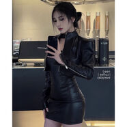 QVNL早秋法式半高領(lǐng)氣質(zhì)長(cháng)裙溫柔風(fēng)2025新款Teptdc 掛脖顯瘦收腰pu皮 外套+連衣裙超值兩件套 XS