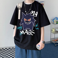 大魚界線日系潮牌短袖T恤男潮流ins情侶裝夏裝寬松上衣服男生印花圓領(lǐng)體恤 黑色(926) 2XL(145-160斤）