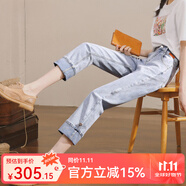 NY-RCE卷邊牛仔褲女直筒寬松新款2025春秋季顯瘦九分褲子高腰煙管褲 淺藍(lán)色 29