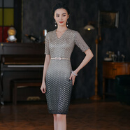 金柏尼 年輕喜媽媽婚宴禮服新款修身顯瘦喜婆婆參加婚宴裝遮肚平時可穿 漸變杏灰色 M