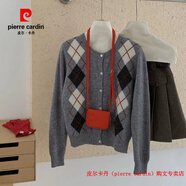 皮爾卡丹（pierre cardin）品牌高檔輕奢25菱形拼色純羊毛針織衫女開(kāi)衫圓領(lǐng)長(cháng)袖休閑百搭小香 品牌高端新品-灰色 (收藏送禮品) XL (130-150)斤