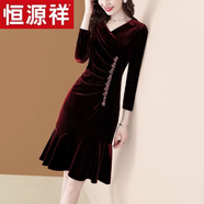 恒源祥（HYX）金絲絨連衣裙女春秋季氣質(zhì)v領(lǐng)釘珠中長款打底衫顯瘦魚尾裙子 酒紅色 M