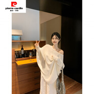 皮爾卡丹（pierre cardin）灰色斜肩蝙蝠袖毛衣女秋季2024新款長(zhǎng)袖套頭針織衫寬松中長(zhǎng)款上衣 米白色 S