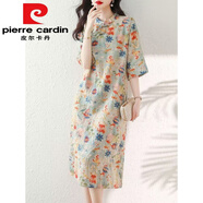 皮爾卡丹（pierre cardin）棉麻連衣裙女2024夏季新款民族風(fēng)碎花改良旗袍純棉大尺碼胖m妹中 圖片色 M