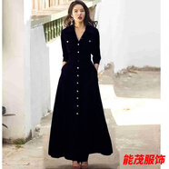 萱眸港式秋冬新款威婭紀(jì)連衣裙優(yōu)雅時(shí)尚氣質(zhì)燈芯絨復(fù)古拖地大擺長裙子 藏藍(lán)色-禮服晚宴服 M -禮服晚宴服