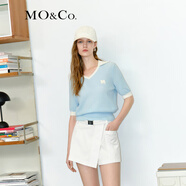 MO&Co.深V大翻領(lǐng)MC刺繡泡泡袖短袖薄款顯瘦針織衫上衣女moco 愛(ài)麗斯藍色 XS 155