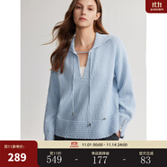 ELLE法式設(shè)計感系帶純棉毛衣女2024秋季新款文藝休閑簡約毛針織衫 淺藍 S