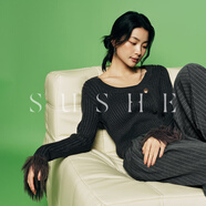 束皙/SUSHE miu風重工藝術感方圓領修身流蘇拼接針織衫春裝女上衣 竹影墨灰 S