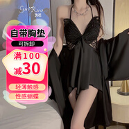 瑰若新款情趣內(nèi)衣女夫妻刺激高檔蝴蝶結(jié)套裝聚攏性感睡衣大碼高端睡裙 【套裝P3945】【睡裙+胸墊+外袍+腰帶】黑色 M(80-105斤）