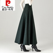 皮爾卡丹（pierre cardin）冬季毛呢長(cháng)裙半身裙加厚a字裙高腰大擺長(cháng)裙純色大碼呢子冬長(cháng)裙女 墨綠格紋 2XL 2.6尺-2.7尺