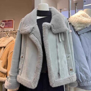 挽枝韓國新品加絨加厚皮毛一體羊羔毛絨外套女2024冬新款機車服潮女 藍色 M 85-105斤