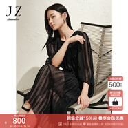 玖姿·安娜蔻優(yōu)雅浪漫壓褶竹節(jié)肌理收腰連衣裙蛋糕裙女2025春季新款 素黑 M