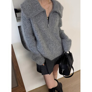 風采兔毛衣女2024秋冬新款甜美撞色洋氣半拉鏈翻領慵懶風復古坑條針織衫 深灰色 均碼