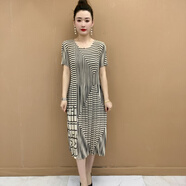 E.TOX唯美輕奢大碼定制短袖連衣裙2024媽媽裝褶皺春夏裝大碼女裝遮肚 米白條紋 XL