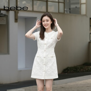 bebe夏季新款氣質(zhì)短款修身珍珠扣小香風(fēng)蕾絲連衣裙250059 本白 L